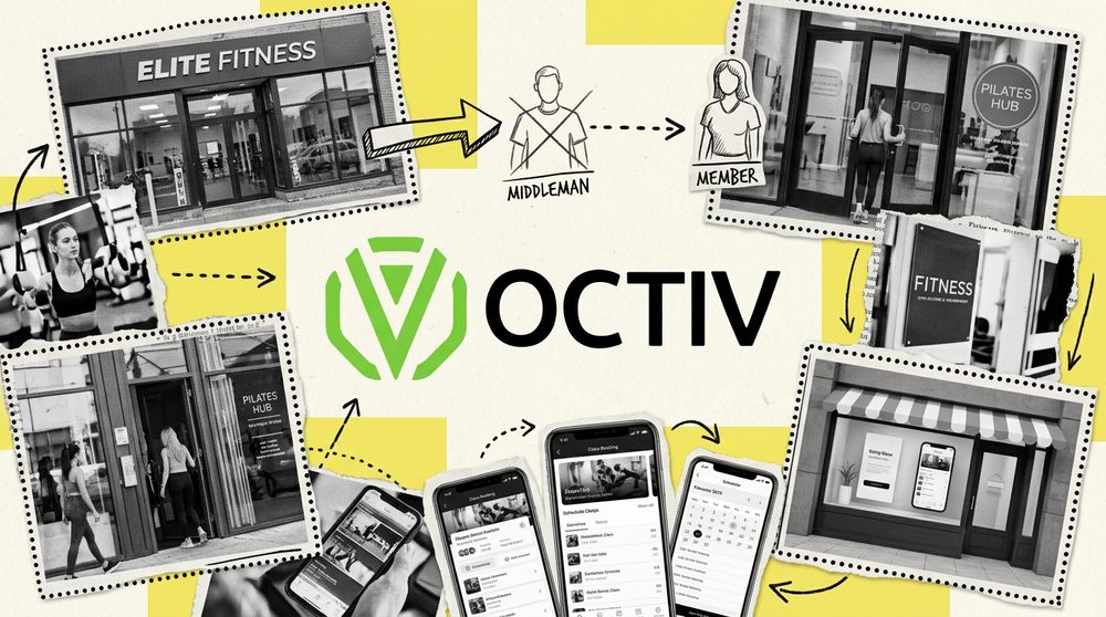 A storefront shop window reframed as a gym class booking page, with a direct arrow bypassing a middleman tollbooth