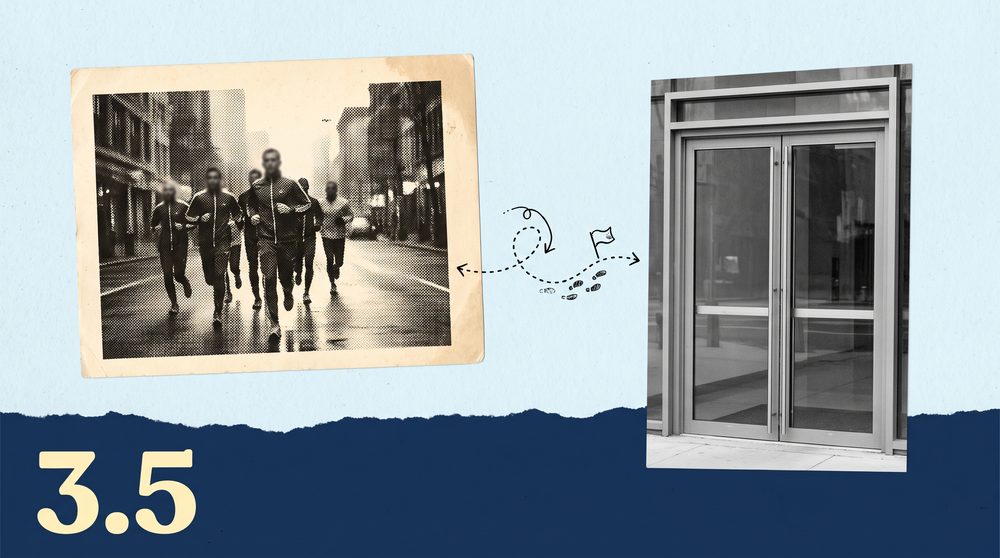 Editorial collage on a pale ice-blue ground with a deep navy strip, a black-and-white cutout of a group of runners on a city street and a gym's glass door, joined by a hand-drawn dotted route line, and a large pale yellow 3.5.