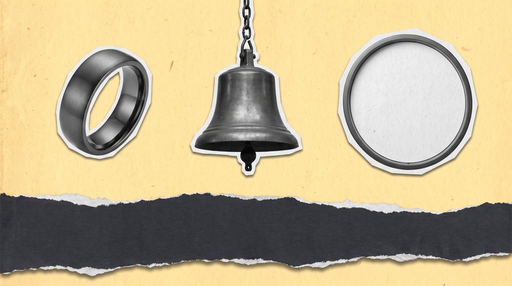 Editorial collage of a smart ring and a stalled stock-market listing bell