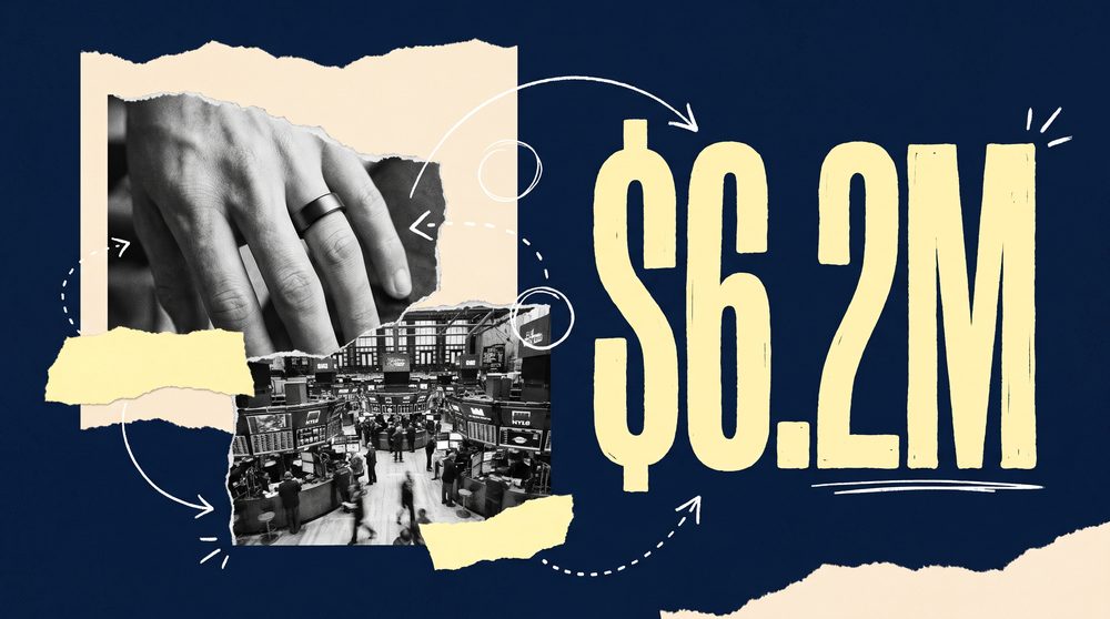 Editorial collage on a deep navy ground with the figure $6.2M, the amount Oura's filing leaves for general corporate purposes