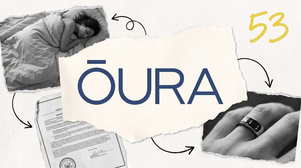 Editorial collage of the Oura ring logo surrounded by black and white cutouts of a sleeping figure and a courtroom gavel