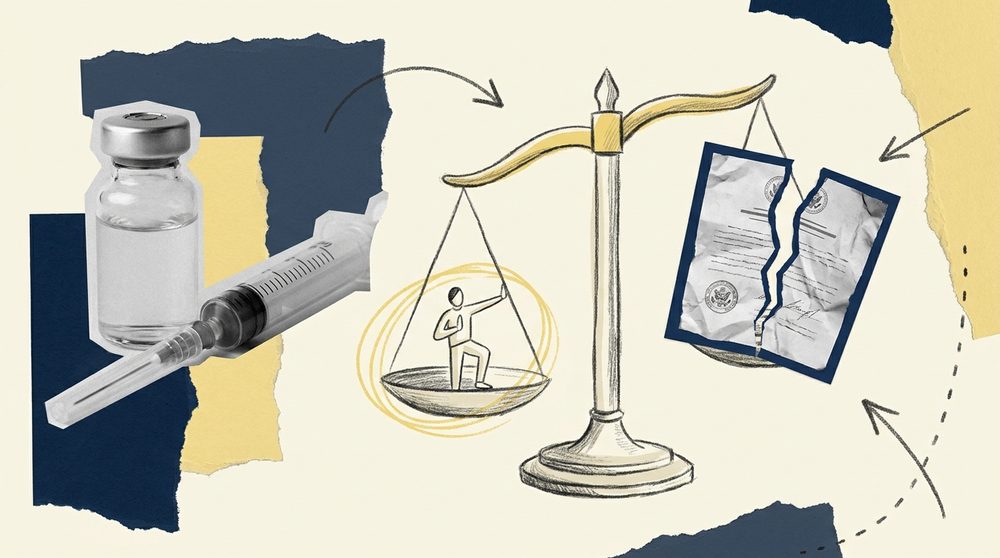Editorial collage of a vial and syringe on a torn paper shape beside a hand-drawn balance scale weighing access against trust, navy, butter and cream palette