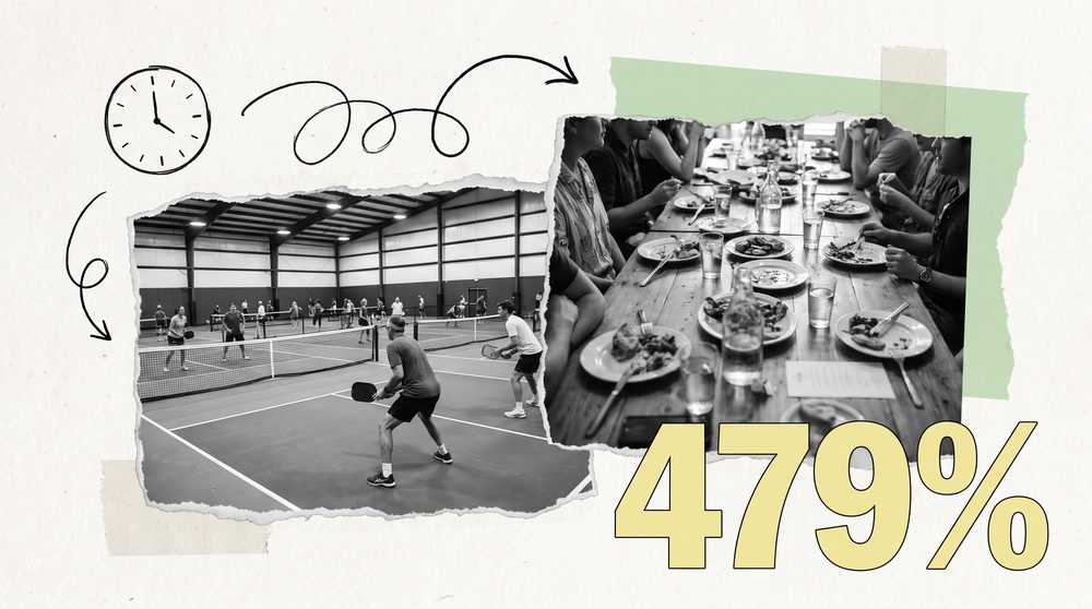 Editorial collage of a pickleball court beside restaurant seating with a large butter-yellow 479% numeral