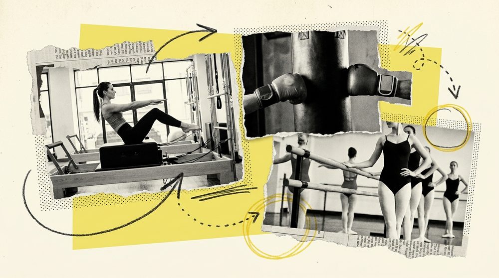 Pilates, boxing and barre format fitness editorial collage