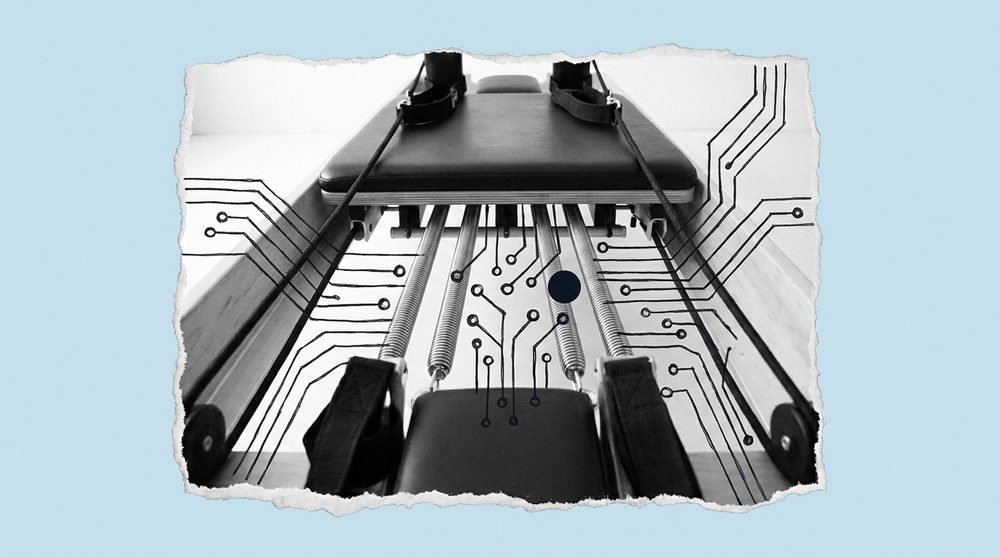 Editorial collage of a Pilates reformer machine with circuit-board lines overlaid, torn paper texture