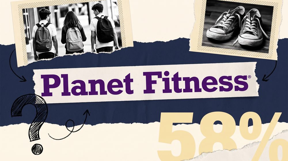Editorial collage on a warm cream ground with a deep navy band, the Planet Fitness logo at the centre on a torn pale paper shape, black-and-white cutouts of teenagers with backpacks and a pair of sneakers, a hand-drawn question mark, and a large pale yellow 58%.