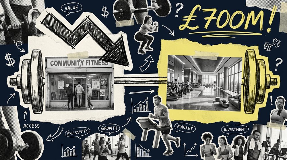 Planet Fitness and Third Space logos on opposite ends of a barbell, editorial collage