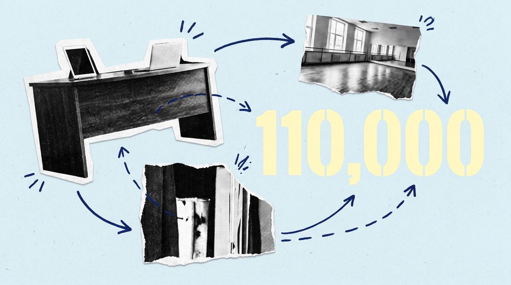 Editorial collage on a pale ice-blue ground with the figure 110,000, the number of venues feeding Playlist's benchmark data