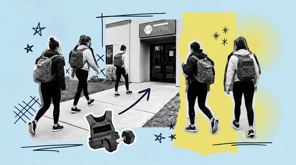 Editorial collage of women walking with weighted rucksacks and a hand-drawn arrow pointing from a sidewalk into a gym