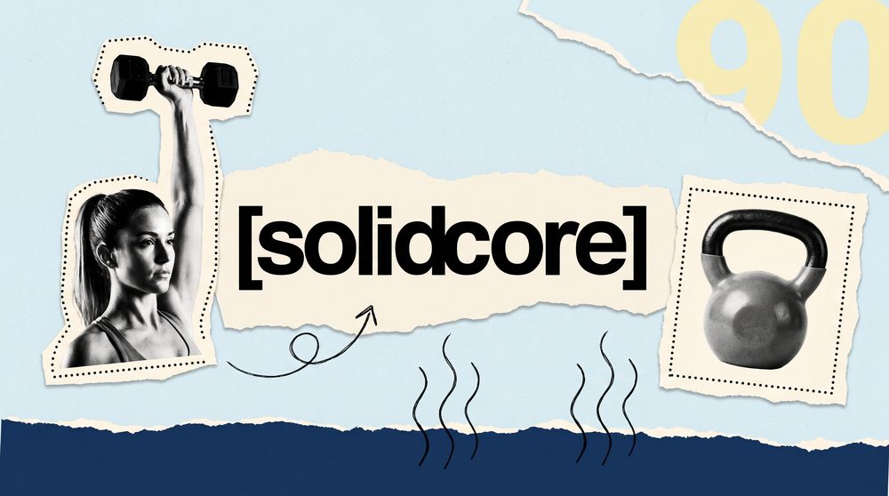 Editorial collage on a pale ice-blue ground with the Solidcore logo at the centre on torn cream paper, black-and-white cutouts of a woman lifting a dumbbell and a kettlebell, hand-drawn heat lines, and a large pale yellow 90.