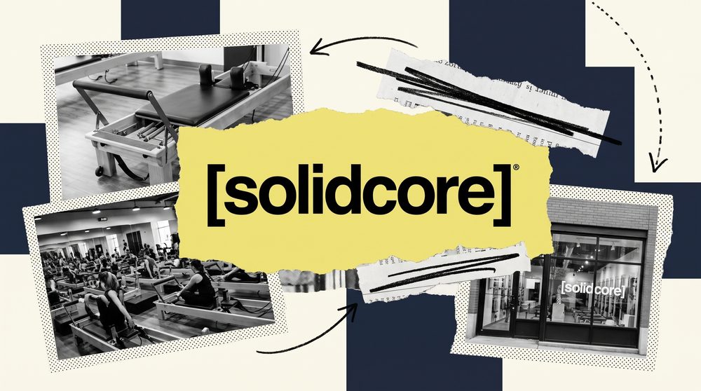 Editorial collage with the Solidcore logo at the centre on a torn butter paper shape, surrounded by black and white reformer cutouts and a crossed-out word