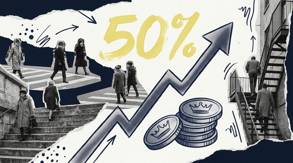 Editorial collage of people walking and climbing stairs beside a rising navy chart arrow and a shrinking reward coin, with a large butter numeral reading 50 percent
