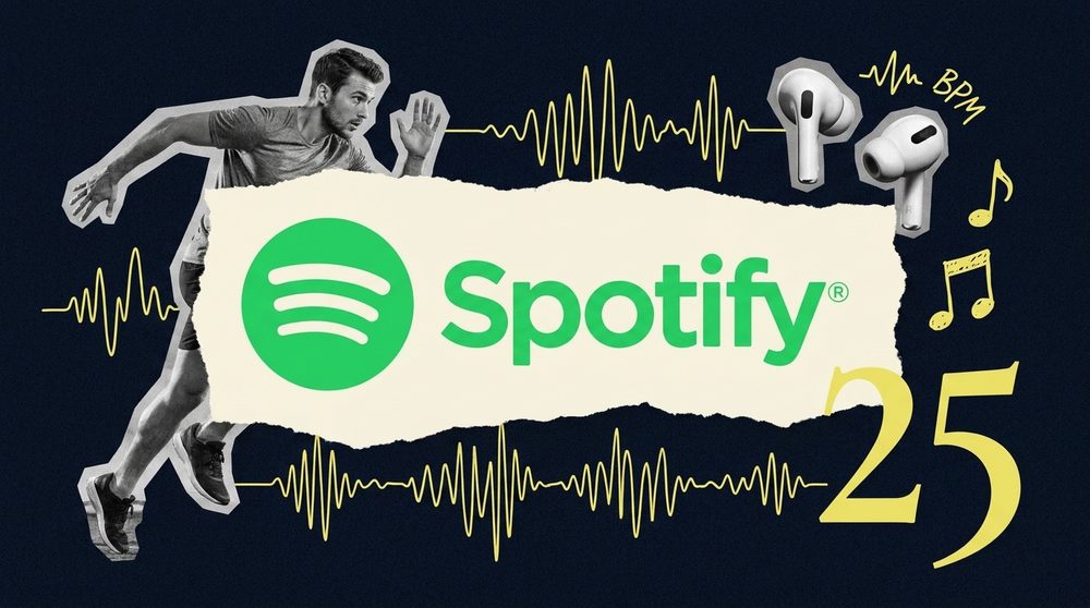 The Spotify logo as hero on a butter paper shape, framed by a runner and earbuds cutouts and an audio waveform