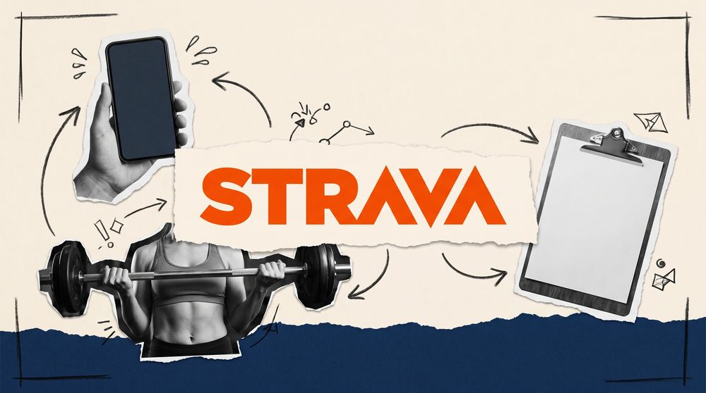 Editorial collage of a phone showing a guided strength workout beside a rack of dumbbells and a coach's clipboard
