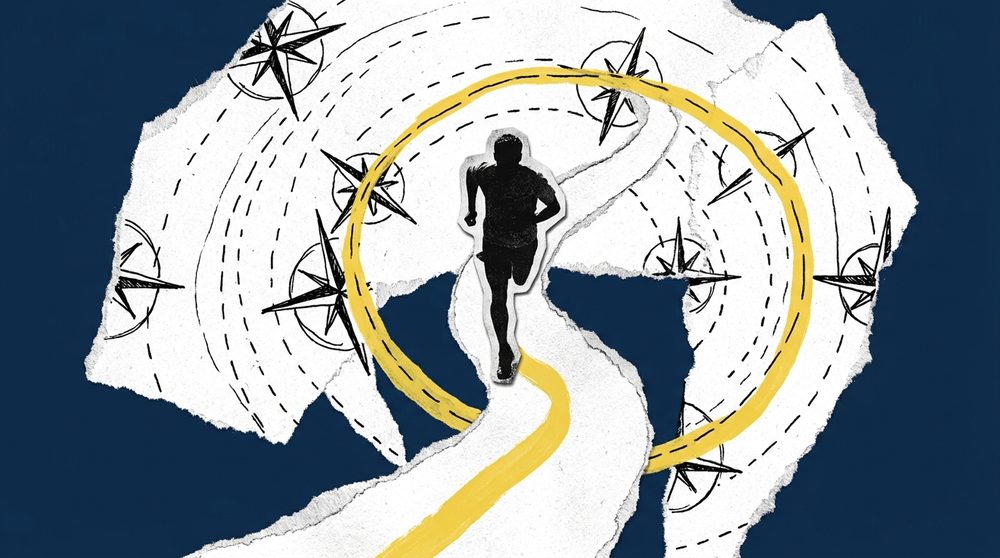 Editorial collage of a runner's silhouette on a winding trail converging into a single bold path, torn paper texture