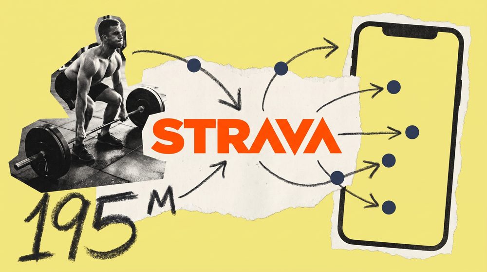 Editorial collage of a barbell cutout with a network of hand-drawn lines routing away from a gym floor toward a phone shape