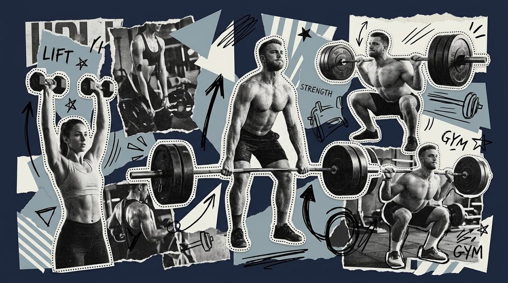 Strength training equipment and members lifting weights in editorial collage style