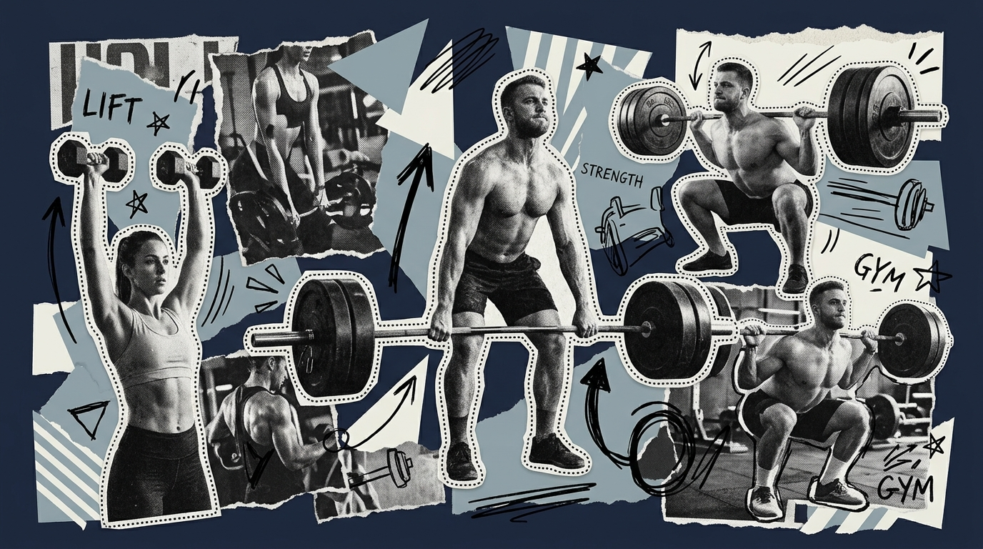 Strength training equipment and members lifting weights in editorial collage style