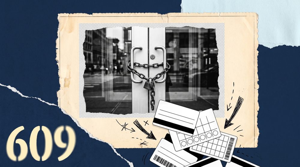 Editorial collage on a deep navy ground, a black-and-white cutout of a gym door with a chained padlock on torn cream paper at the centre, a scattered stack of membership cards below, hand-drawn arrows, and a large pale yellow 609.