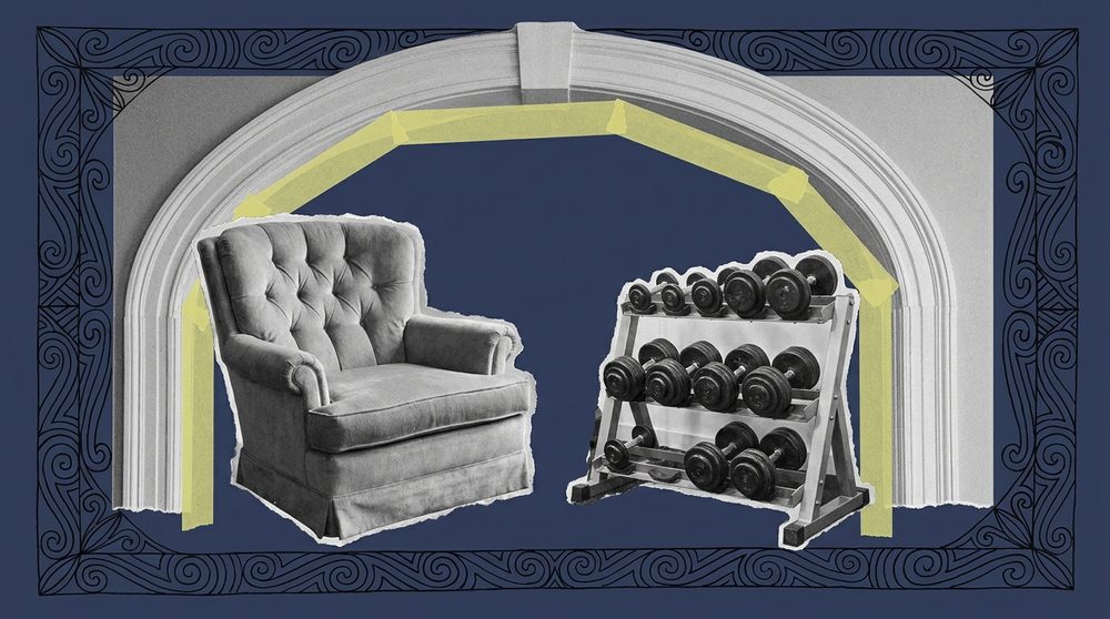 Editorial collage of a lounge chair and dumbbell side by side under one archway, torn paper texture