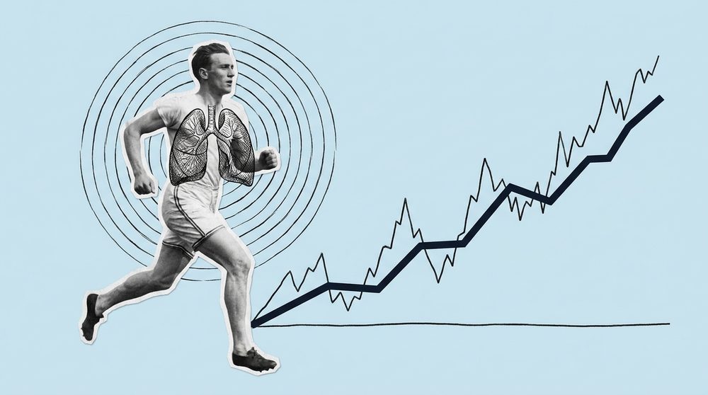 Editorial collage of a runner with hand-drawn lungs and oxygen circles and a rising lifeline graph