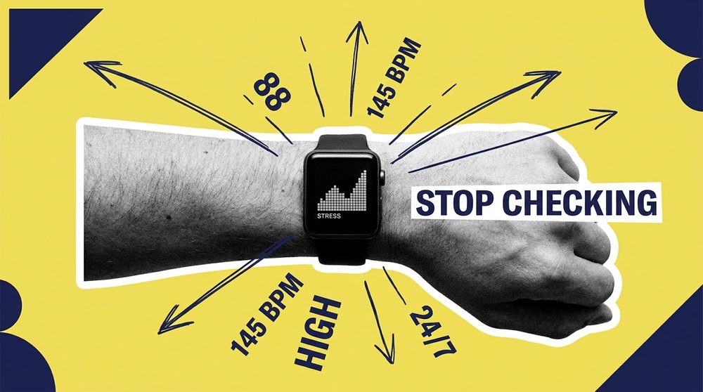 Health tracker anxiety and fitness studios — editorial collage