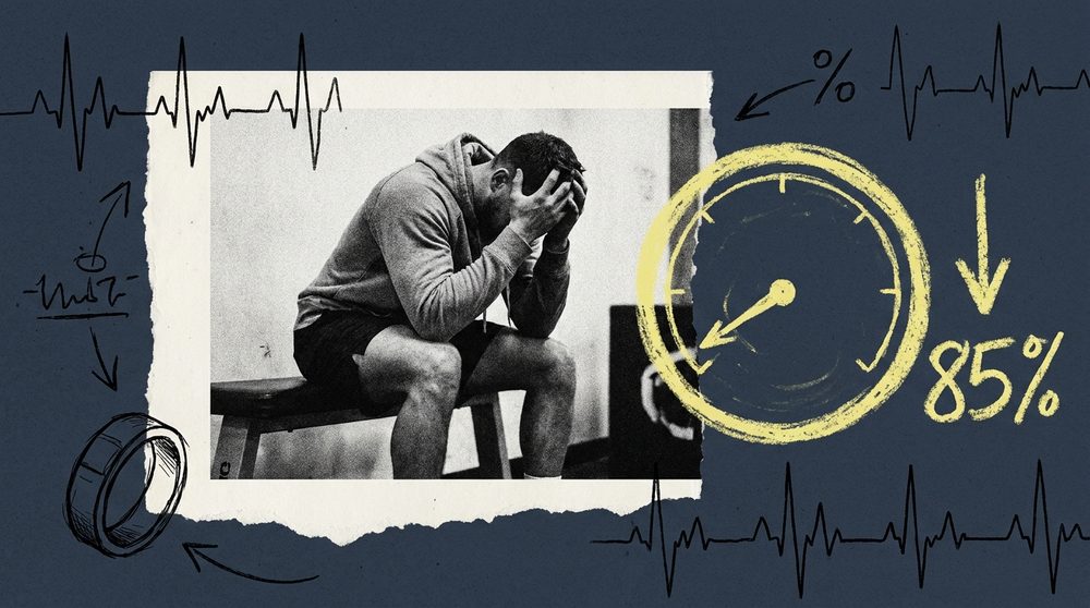 A wearable readiness ring gauge over a tired athlete, editorial collage