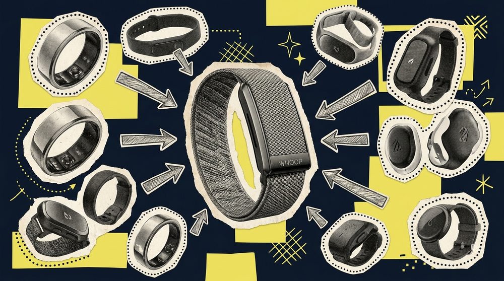 WHOOP logo surrounded by competing wearable devices in editorial collage style