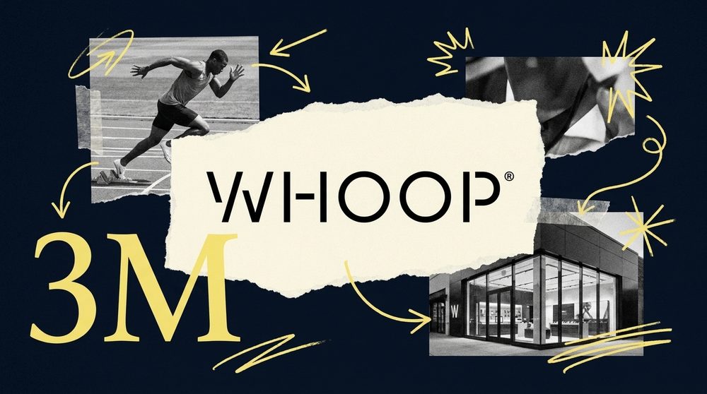 The WHOOP logo as the central hero on a butter paper shape, framed by black-and-white brand cutouts and a large butter numeral