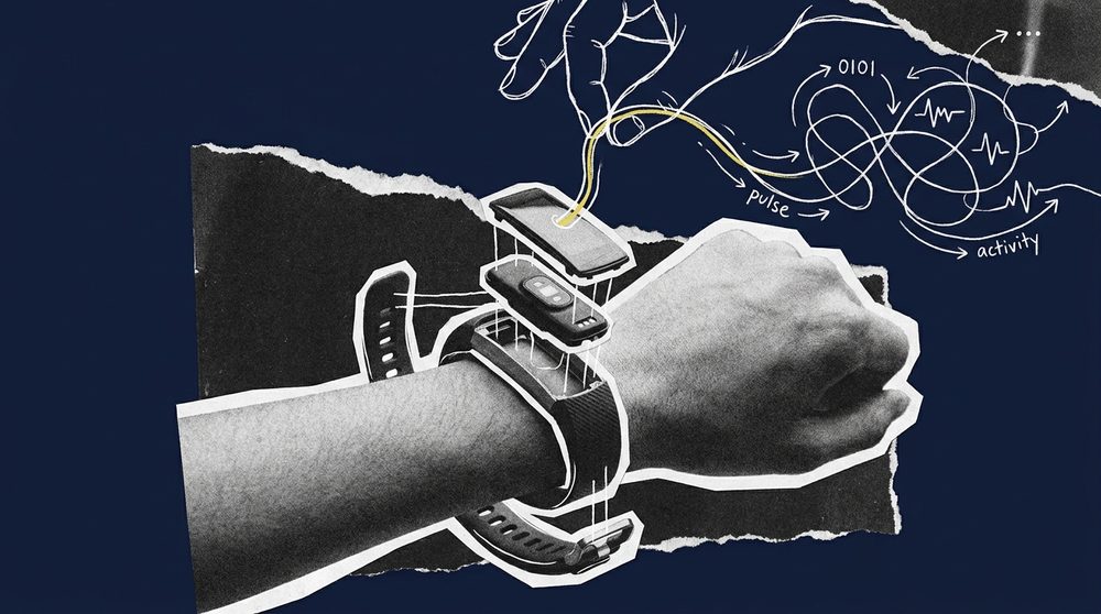 Editorial collage of a wrist wearable exploded into layers with data threads escaping outward