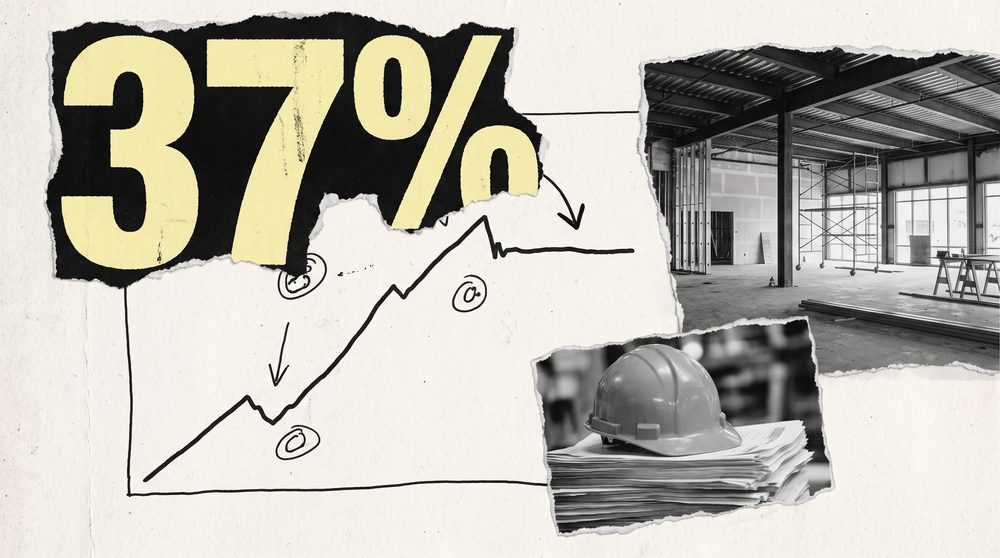 Editorial collage of gym construction imagery with a large butter-yellow 37% numeral