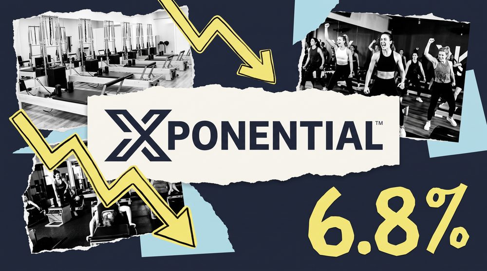 Editorial collage on a Storm background with the Xponential Fitness logo as the central element, surrounded by black and white photo cutouts of a Pilates reformer studio and a falling line graph.
