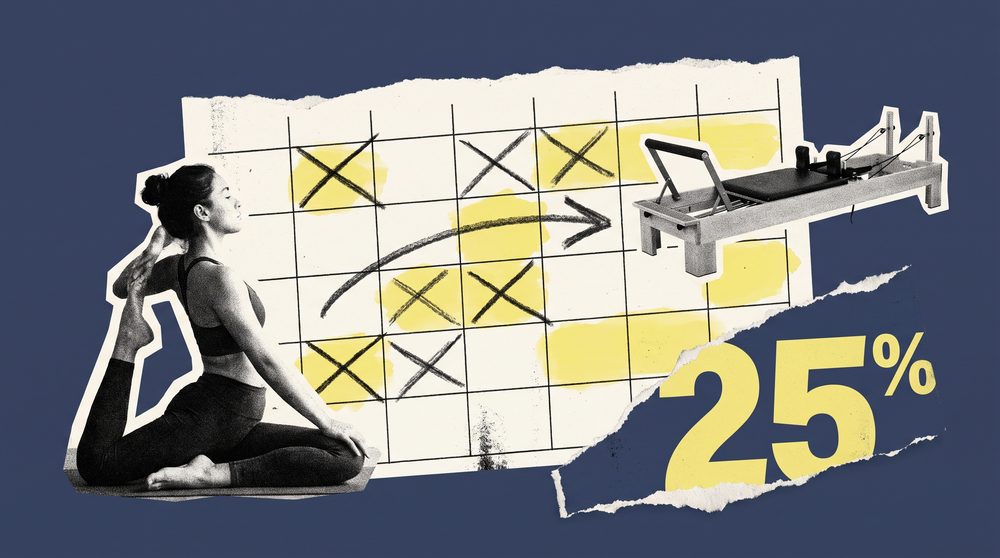 Editorial collage of a torn class schedule with yoga slots crossed out and reformer equipment cutouts filling the gaps